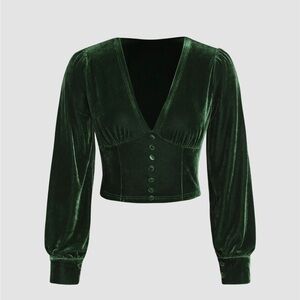 Cider Green Velvet Crop Blouse with Balloon Sleeves